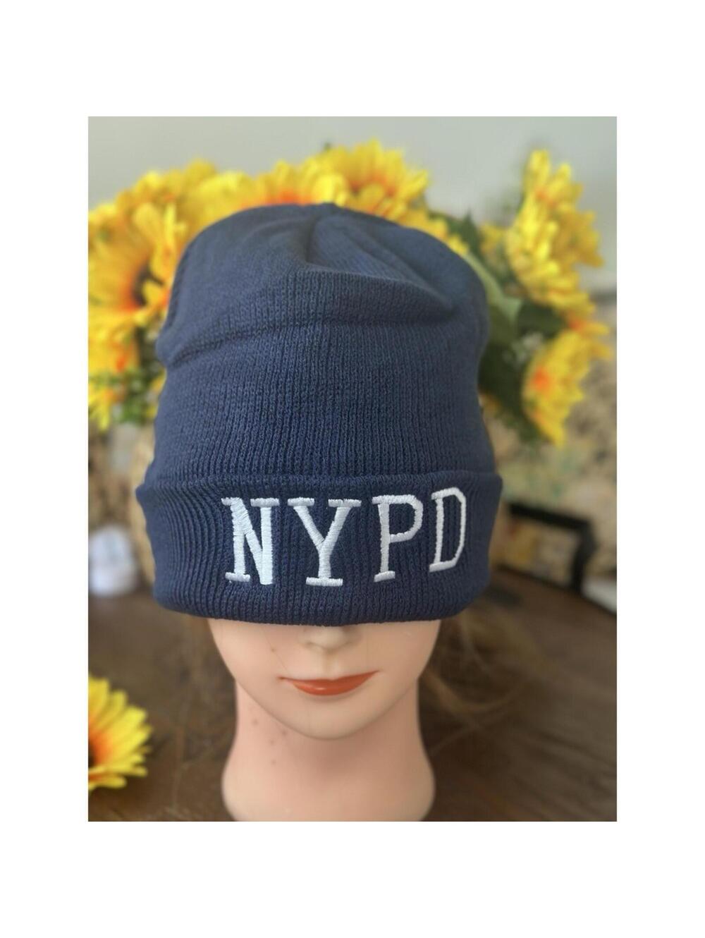 NYPD Navy Blue Knit Beanie Winter Hat Embroidered Police Logo One Size